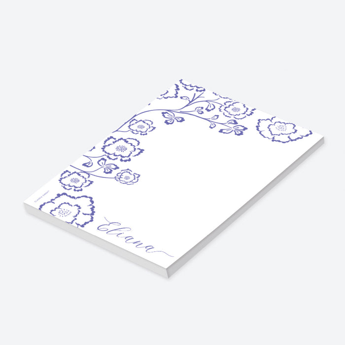 Blue Floral Notepad for Women, Custom Gift for Her, Personalized Stationery Writing Pad with Flower Design, Notepad with Your Name