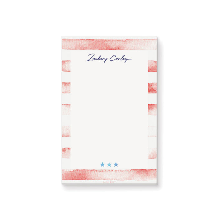 Watercolor Notepad with Red Stripes, Personalized 4th of July Gift, Independence Party Favor, Patriotic Stationery Notepad for the Office