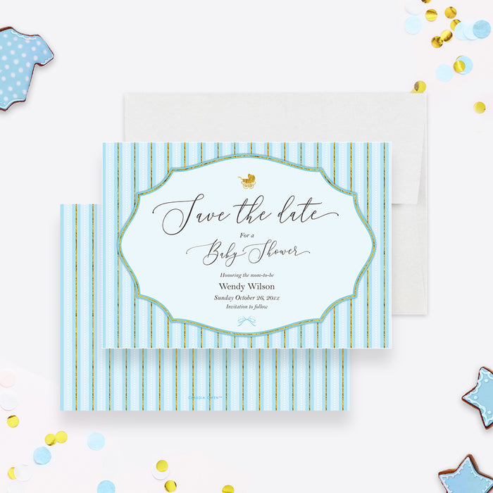 Cute Baby Shower Save the Date Card in Light Blue and Gold with Baby Carriage