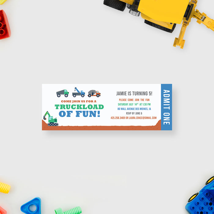 Kids Truck Party Ticket Invitations, Construction Themed Birthday Party Ticket Invites, Boys Birthday Ticket with Dump Truck Crane Concrete Truck and Excavator