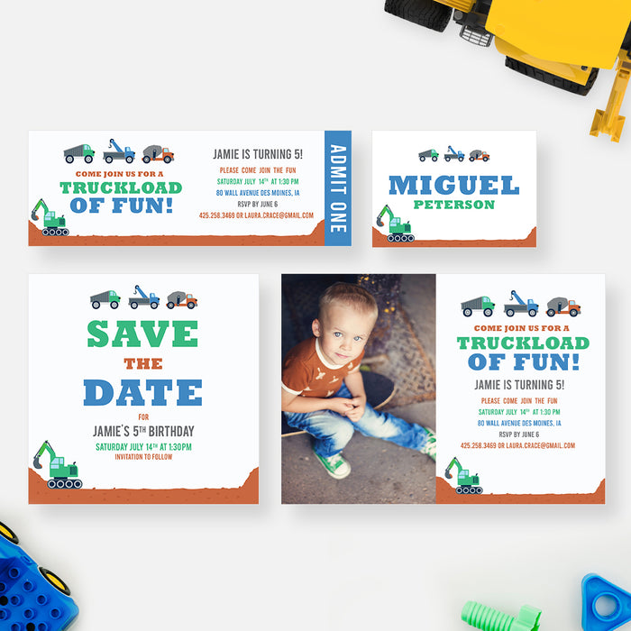 Dump Truck Party Invites, Construction Themed Kids Birthday Photo Invitation Card,  Truckload of Fun Boy Birthday Invitation