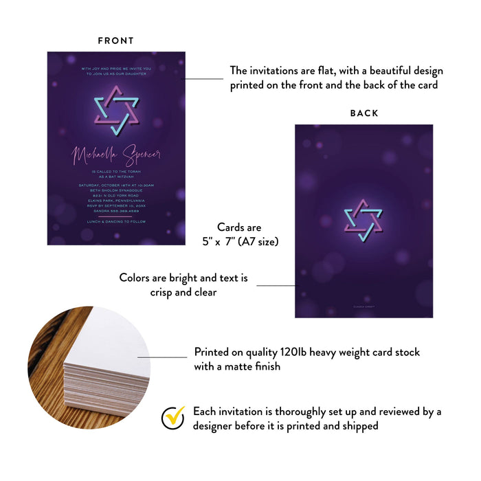 Colorful Bat Mitzvah Invitation Card with Neon Light Star of David, Purple Invitations for Jewish Birthday Celebration