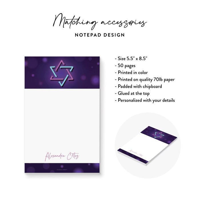 Colorful Bat Mitzvah Invitation Card with Neon Light Star of David, Purple Invitations for Jewish Birthday Celebration