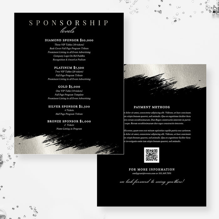 Classy and Elegant Sponsorship Package Digital Template in Black and Silver, Sponsorship Tiers