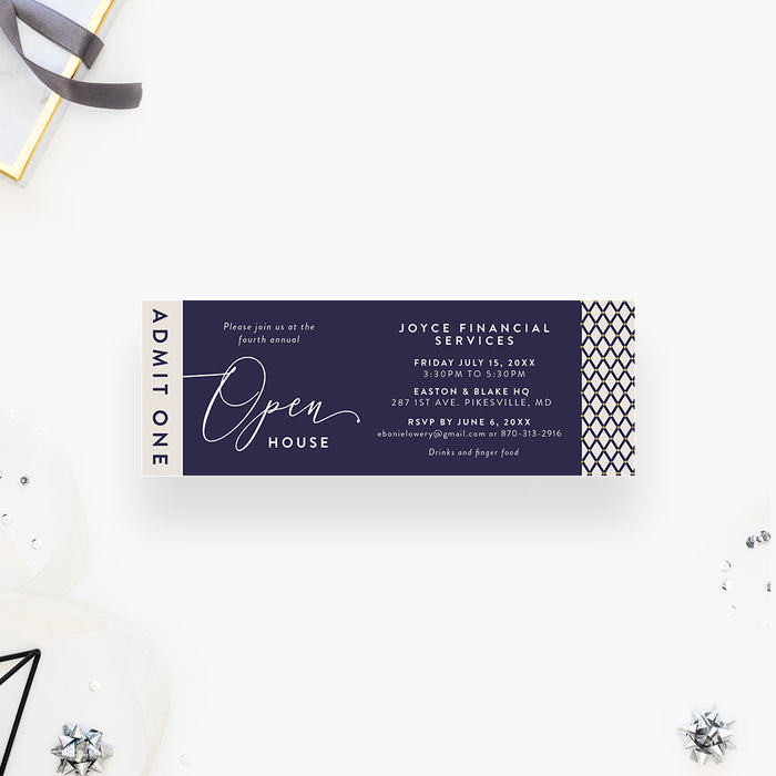Blue and Gold Ticket Invitation for Annual Open House Party, Elegant Ticket Event Card for Company Open House Celebration, Corporate Awards Ticket Invites