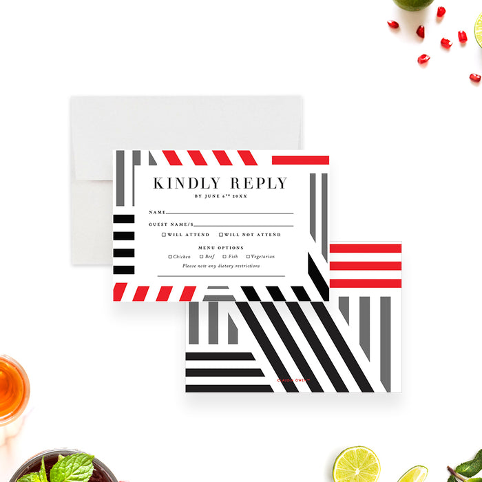 Geometric Invitation Card in Black Gray and Red for Corporate Cocktail Party, Company Happy Hour Invites, Business Cocktail Hour Party, Team Happy Hour Invites
