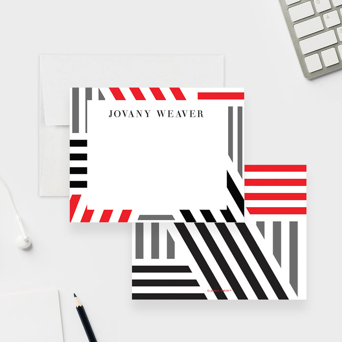 Geometric Note Card in Black Gray and Red, Personalized Gift for Men, Cocktail Party Thank You Cards, Correspondence Card for Businesses