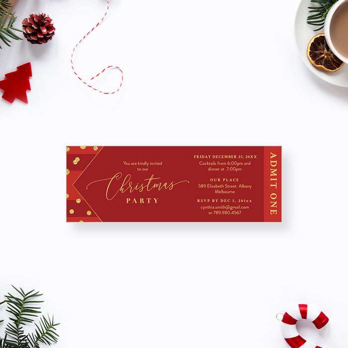 Red and Gold Ticket Invitation for Christmas Party, Elegant Company Holiday Tickets, Christmas Dinner Ticket Invites