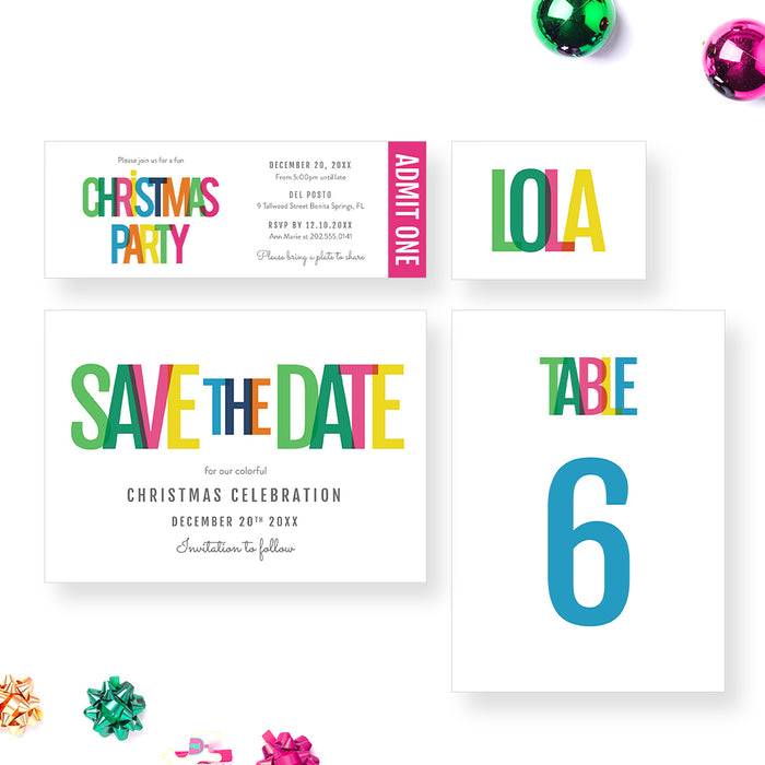 Colorful Christmas Party Invitations, Family Christmas Eve Party, Xmas Lunch Invites, Christmas Day Invitation in Bright Colors