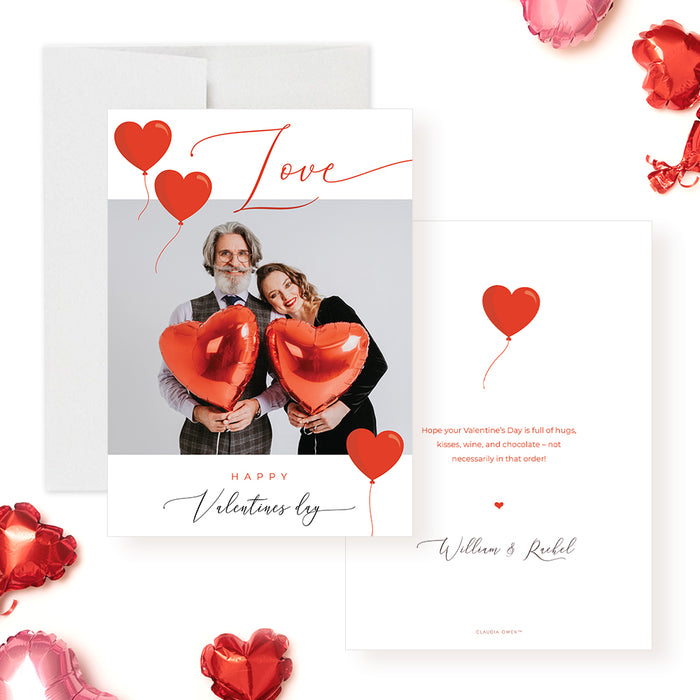 Romantic Valentine's Day Greetings Card with Photo and Red Heart Balloons