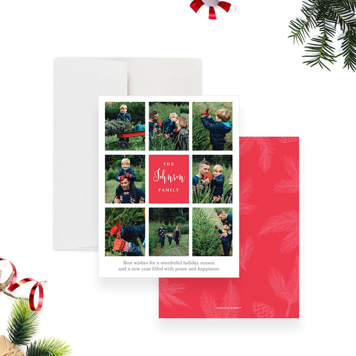 Photo Note Cards with Pine Boughs and Pine Cones, Christmas Photo Collage in Red, Holiday Cards with 8 Photos, Personalized Christmas Greeting Cards for Families