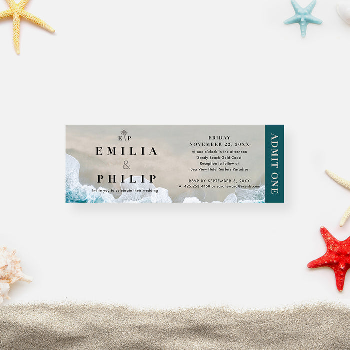 Beach Wedding Ticket Card, Ticket Invites for Destination Wedding, Coastal Wedding Ticket Invitation with Ocean Waves and Sandy Shore, Seaside Wedding Invitations