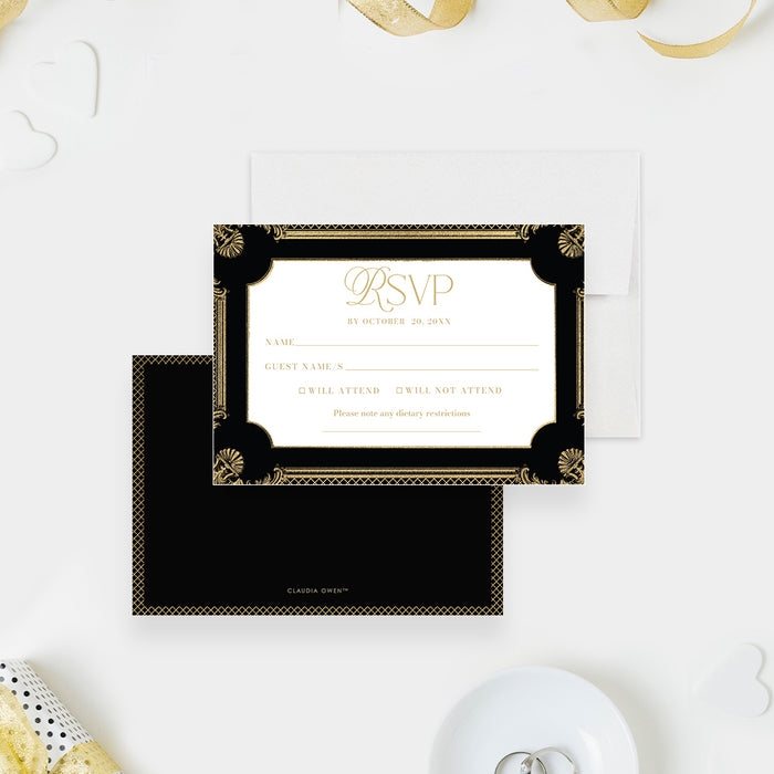 Gold and Black Wedding Invitation Card, Elegant Wedding Anniversary Party Invites with Vintage Classy Style Frame