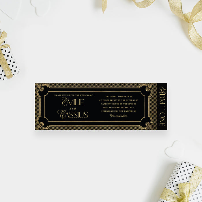 Gold and Black Wedding Ticket Invitation Card, Elegant Invite Card for Wedding Anniversary Party with Classic Vintage Frame, Golden Tickets