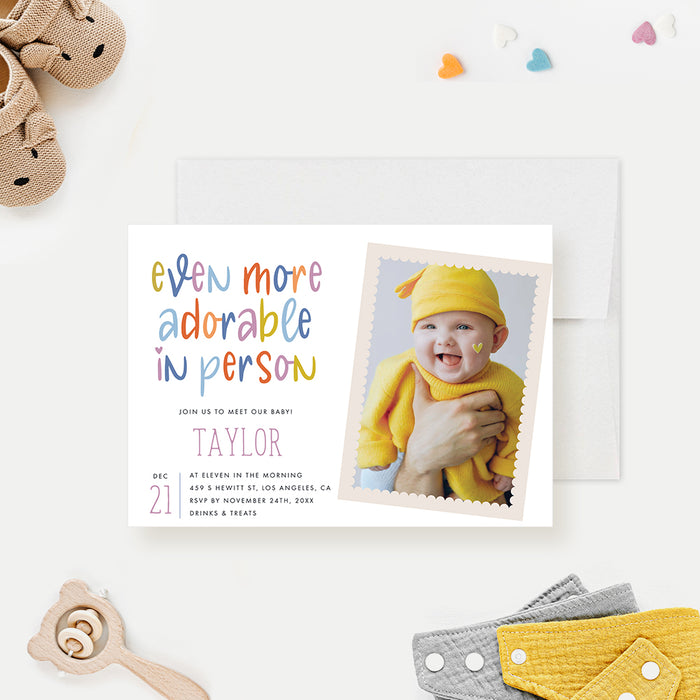 Sip and See Meet the Baby Party Invitation, Welcome Baby Invites, Cute Birthday Invitation Cards with Baby Photo, Even More Adorable in Person