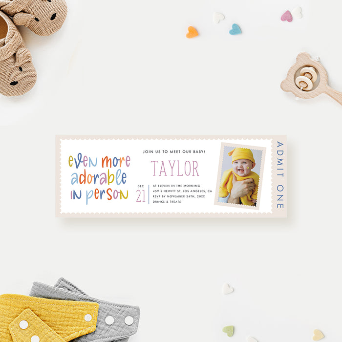 Cute Colorful Photo Ticket Cards for Sip and See Celebration, Meet the Baby Invites, Sip and Show Admit One Person, Sip and Snuggle