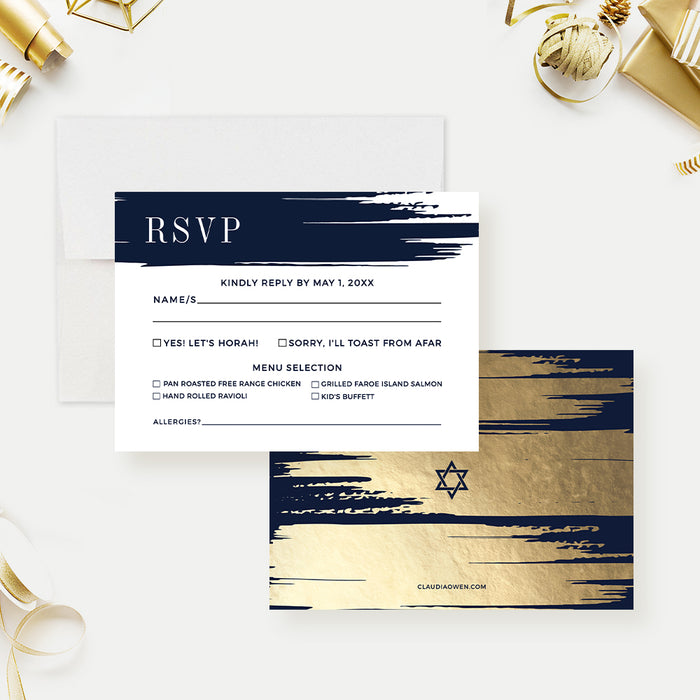 Navy Blue and Gold RSVP Card Digital Template, Mitzvah Party RSVP Card