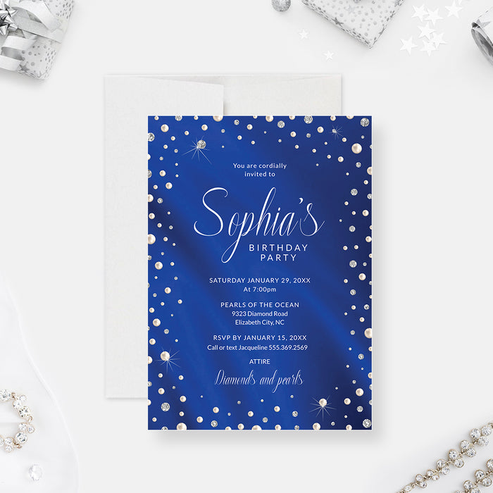 Elegant Diamonds and Pearl Birthday Party Invitation Digital Template in Stunning Royal Blue