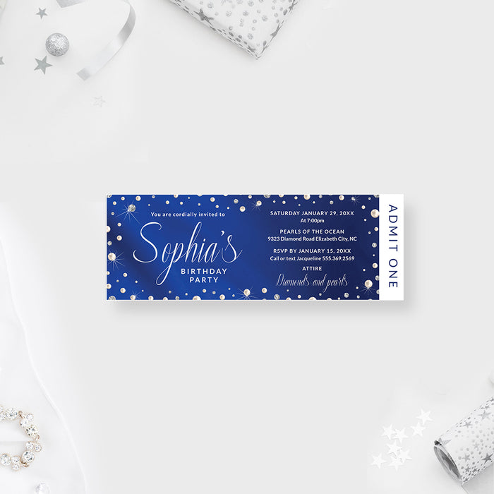 Diamonds and Pearls Ticket Invitation Card for Birthday Party, Elegant Ticket Passes for Bridal Shower Celebration