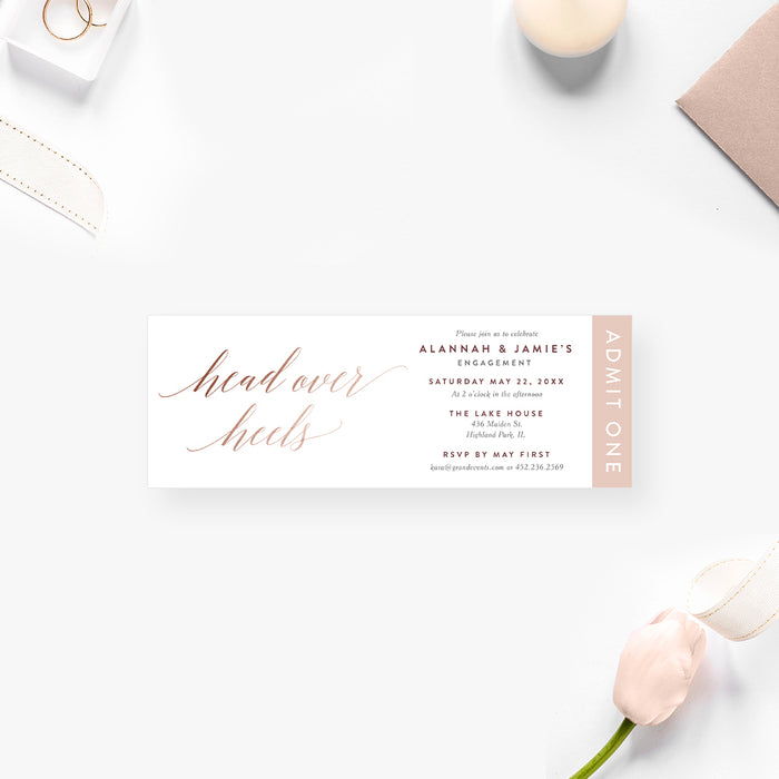 Head Over Heels Ticket Invitation Card, Elegant Admission Passes Card for Engagement Party, Romantic Vow Renewal Tickets