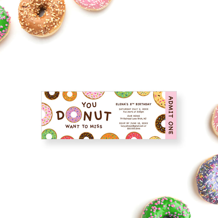 You Donut Want To Miss Doughnut Themed Ticket Invitation Card for Kids Birthday Party, Donut Party Ticket for 1st 2nd 3rd 4th 5th 6th 7th 8th Birthday Celebration