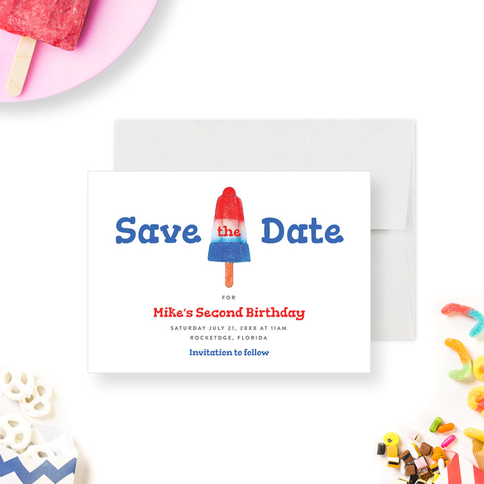 Rocket Shaped Ice Pop Save the Date Card for Children’s Birthday Party, Summer Save the Date Card with Popsicle for Kids Pool Party