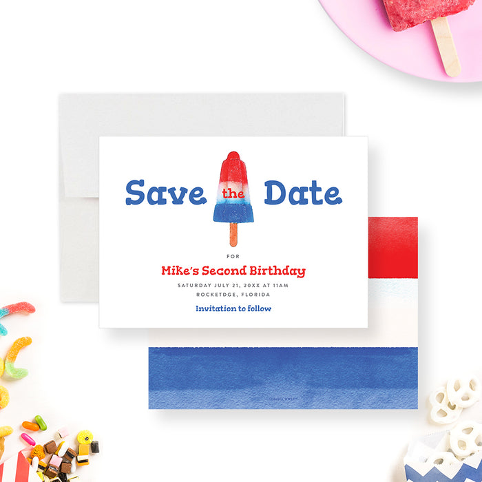 Rocket Shaped Ice Pop Save the Date Card for Children’s Birthday Party, Summer Save the Date Card with Popsicle for Kids Pool Party