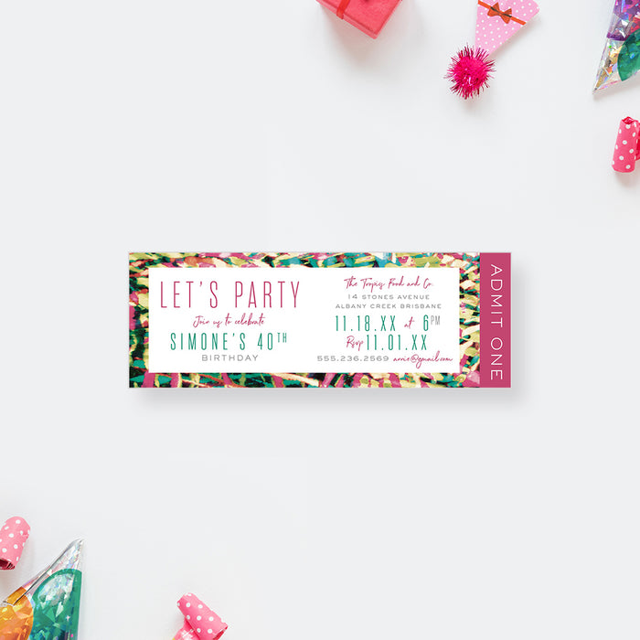 Colorful Tropical Ticket Invitation Card for Birthday Party, Summer Party Birthday Tickets, Tropical Themed Ticket Invites for 30th 40th 50th 60th Birthday Celebration