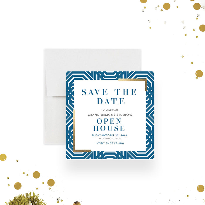 Geometric Blue and Gold Save the Date for Company Open House Party, Business Grand Opening Save the Dates, Elegant Save the Date for Office Open House Event