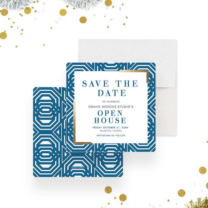 Geometric Blue and Gold Save the Date for Company Open House Party, Business Grand Opening Save the Dates, Elegant Save the Date for Office Open House Event