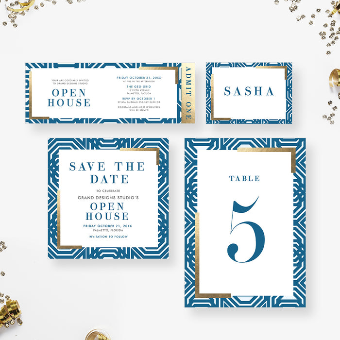 Geometric Blue and Gold Invitation Card for Business Open House Party, Elegant Invitation for Grand Opening Event, Company Open House Celebration