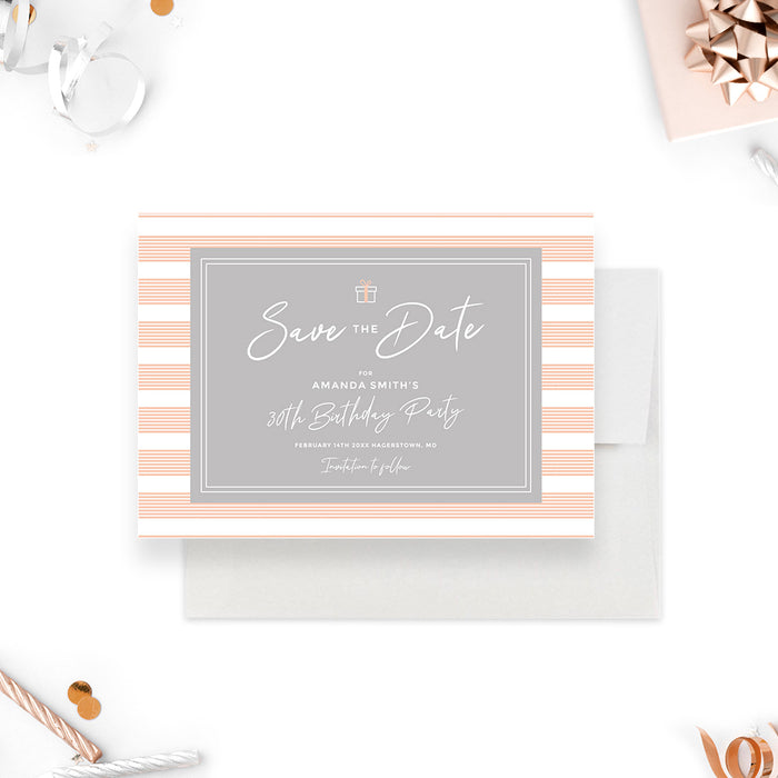 Modern Save the Date Card in Peach and White with Stripes for 30th Birthday Party, Save the Dates for 40th 50th 60th 70th 80th 90th Birthday Celebration