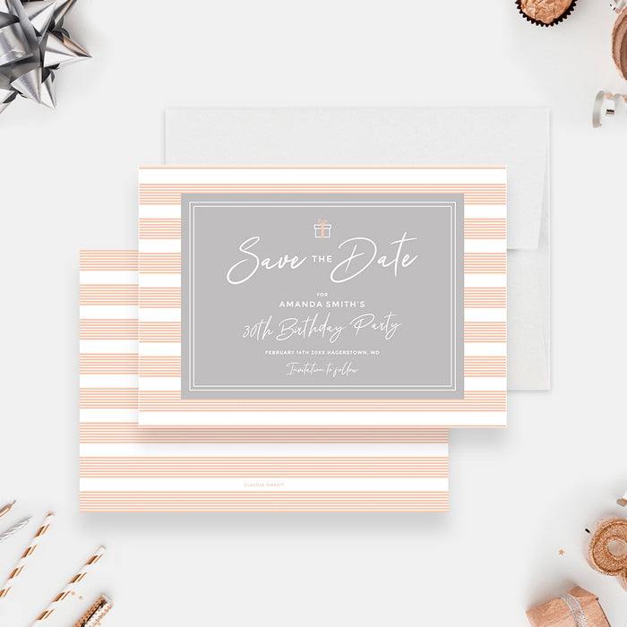 Modern Save the Date Card in Peach and White with Stripes for 30th Birthday Party, Save the Dates for 40th 50th 60th 70th 80th 90th Birthday Celebration