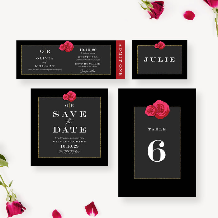 Classic Red Rose Wedding Anniversary Invitation Card, Elegant Invitation for Romantic Wedding Celebration, 5th 10th 15th 20th 25th Wedding Anniversary Invites with Red Flowers