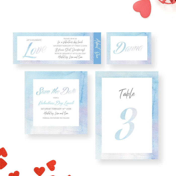 Watercolor Blue Invitation Card for Valentine's Day Party, Invitation for Valentines Day Dinner, Romantic Engagement Party Invitation, Galentine's Day Invite