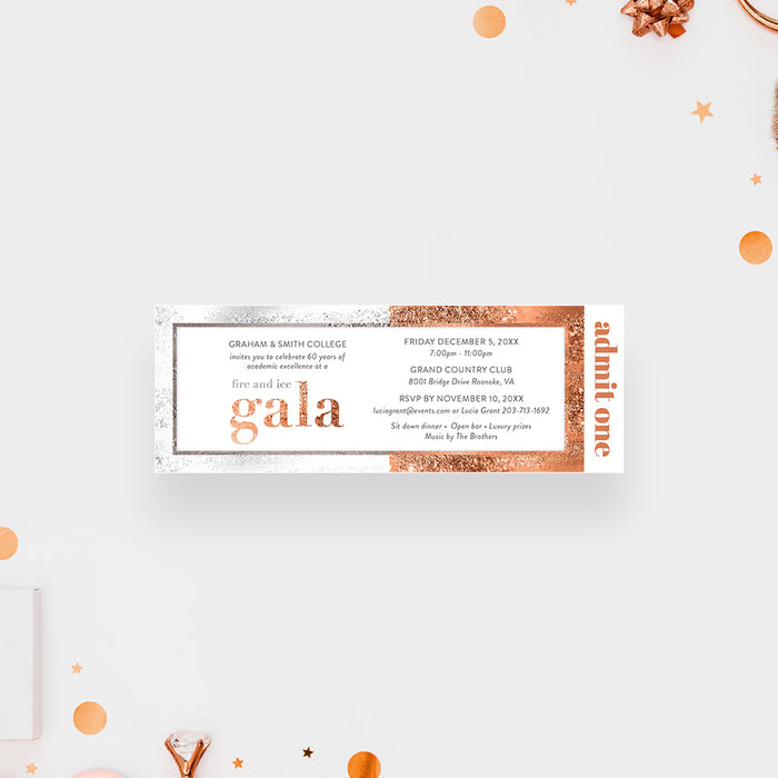 Silver and Copper Ticket Invitation for Gala Party, Fire and Ice Themed Corporate Event Ticket, Elegant Ticket Invites for Annual Gala Celebration, Charity Gala Ticket