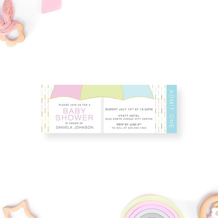 Baby Shower Ticket Invitation Card with Cute Umbrella, Rainy Birthday Ticket Card