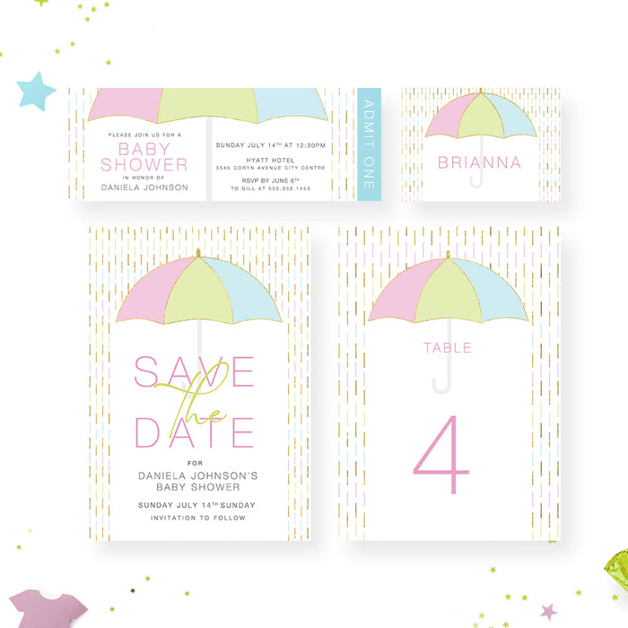 Baby Shower Invitation Card with Cute Umbrella, Gender Neutral Baby Shower Invites, Rainy Invitation Card, Baby Sprinkle Invites
