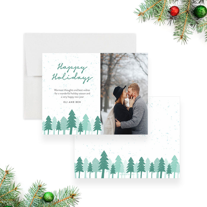 Holiday Card with Couples Photo, Happy Holidays Picture Cards, Personalized Christmas Greeting Card, Happy Holidays Photo Card with Snowy Pine Trees