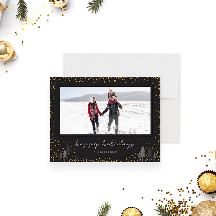 Black and Gold Family Photo Greeting Card, Happy Holidays Picture Card, Personalized Christmas Card with Photo, Photo Holiday Card with Snow and Pine Trees