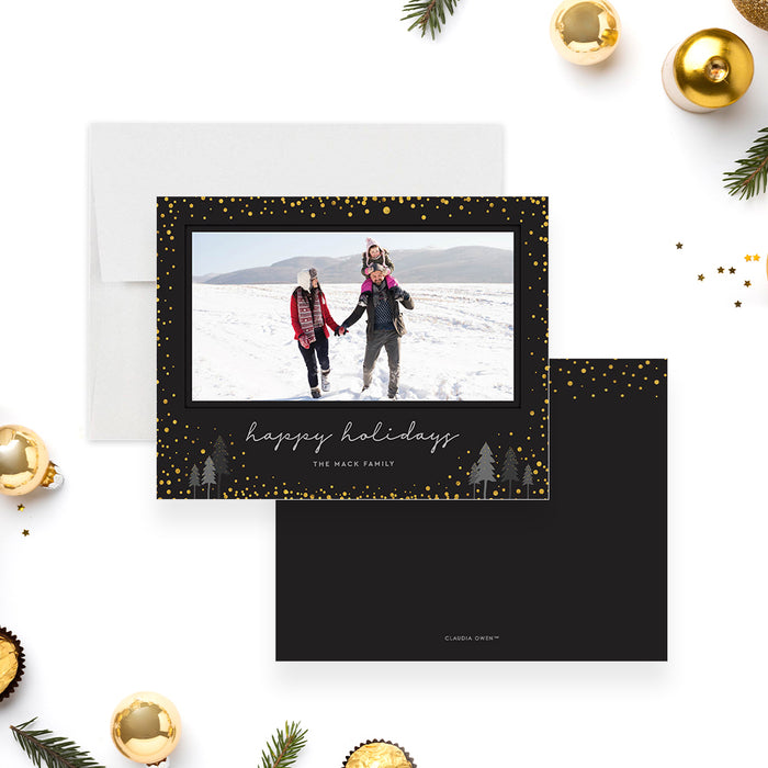 Black and Gold Family Photo Greeting Card, Happy Holidays Picture Card, Personalized Christmas Card with Photo, Photo Holiday Card with Snow and Pine Trees