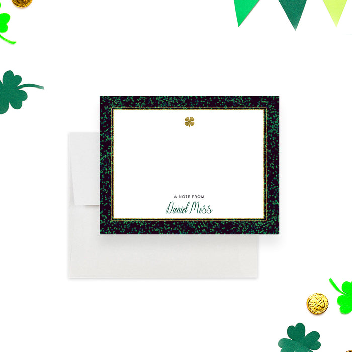 Green Black and Gold Note Card, Personalized Irish Greeting Card for Men, Elegant Four Leaf Clover Stationery, St. Patricks Day Thank You Cards