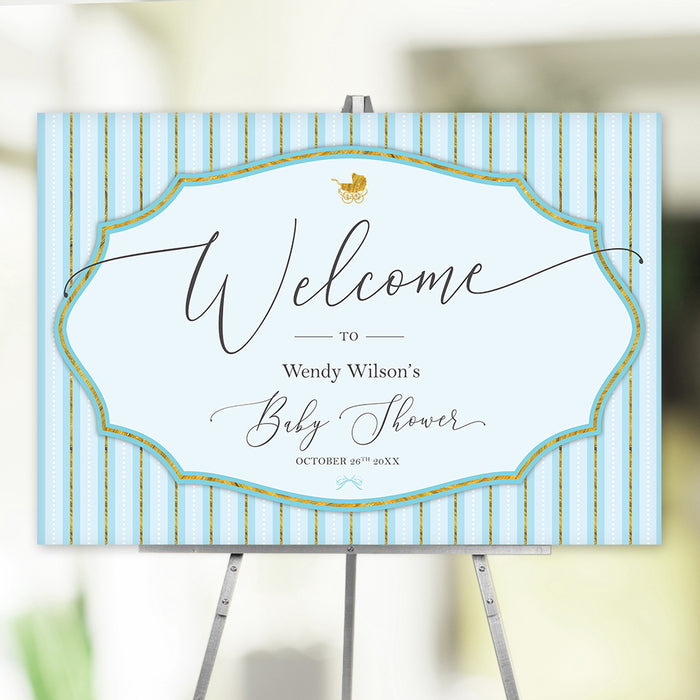 Cute Baby Shower Invitation Card in Light Blue and Gold, Baby Boy Shower Invites with Baby Carriage