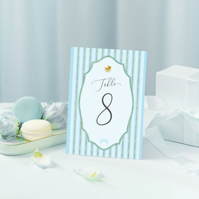 Cute Baby Shower Invitation Card in Light Blue and Gold, Baby Boy Shower Invites with Baby Carriage