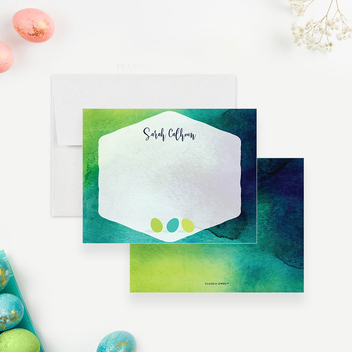 Easter Greeting Card, Thank You Card for Easter Birthday Party, Personalized Stationery with Easter Eggs and Watercolor Design