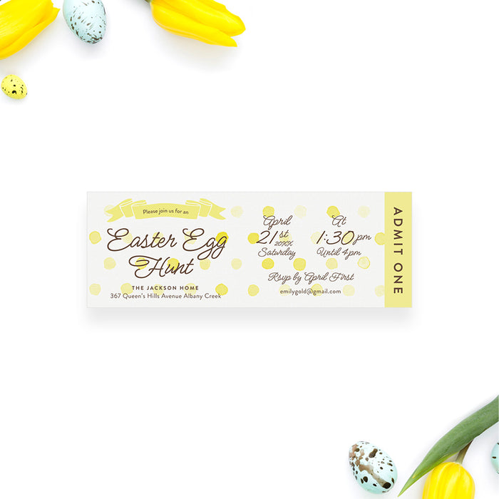 Easter Ticket Invitation with Yellow Ribbon and Polka Dots, Bright Ticket Invites for Easter Egg Hunt Party, Sunday Easter Family Celebration Ticket