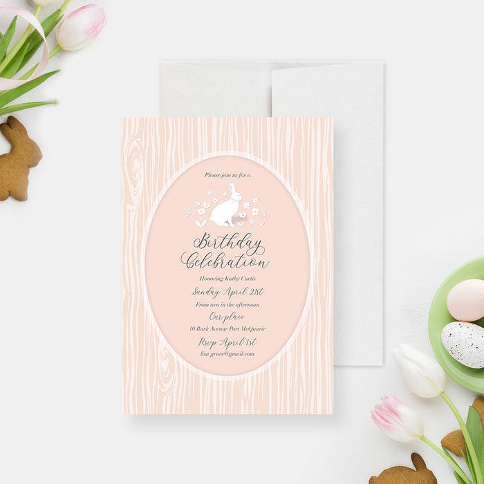 Cute Bunny Invitation Card for Easter Party, Rabbit Invitation for Girl’s Birthday Bash, Spring Birthday Invites with Bunny Rabbit in Soft Colors with Little Flowers