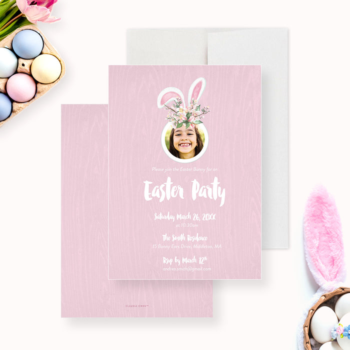 Cute Bunny Invitation Card with Child’s Photo, Kids Easter Party with Bunny Ears, Rabbit Themed Birthday Invitation, Easter Bunny Invites for Girls