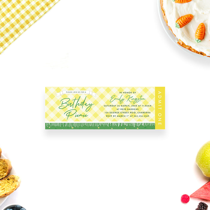 Ticket Invitation Card for Birthday Picnic Party with Yellow Plaid Blanket and Green Grass, Spring Birthday Ticket Invites, BBQ Picnic Invitation