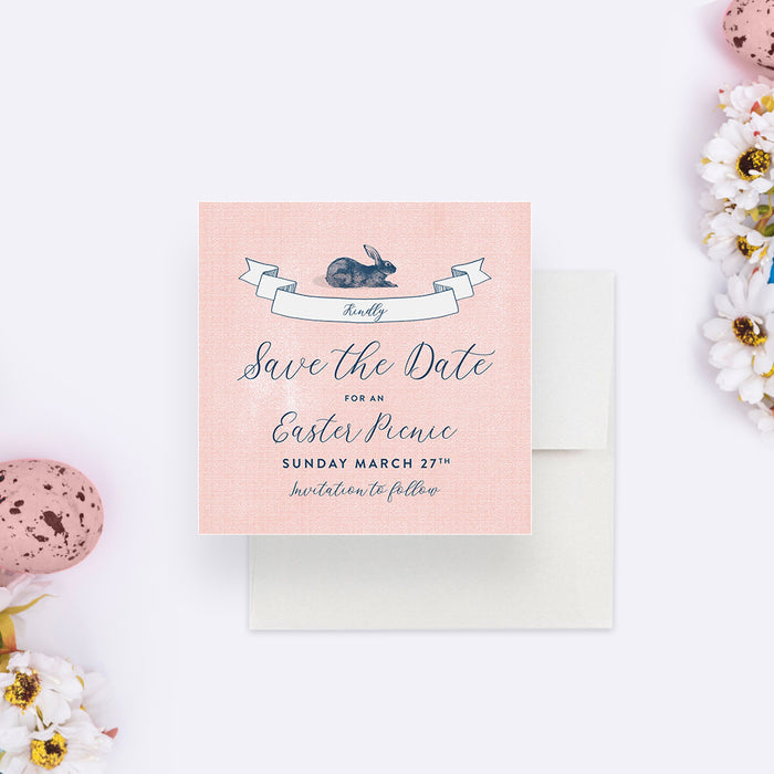 Easter Picnic Save the Date Card, Easter Brunch Save the Date, Spring Easter Egg Hunt Save the Dates, Rabbit Themed Birthday Save the Date with Bunny Illustration